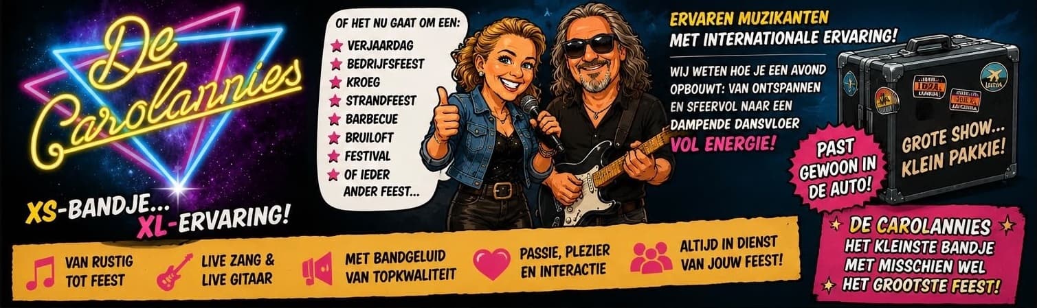 Bannerillustratie van De Carolannies met neonlogo, de gelegenheden waarvoor ze spelen en hun flightcase