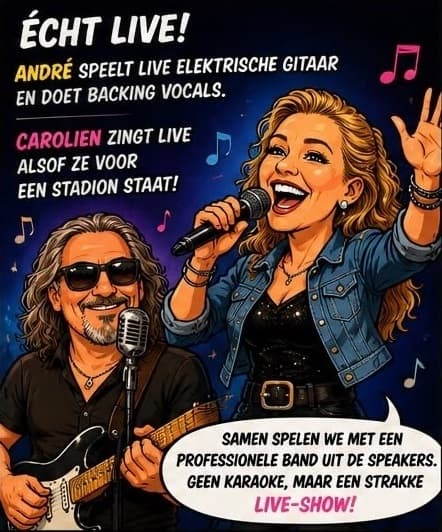 Carolien zingt in de microfoon terwijl André elektrische gitaar speelt